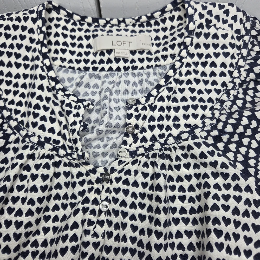 LOFT Navy Blue & White Heart-Print Puff Sleeve Blouse-Size XS Petites